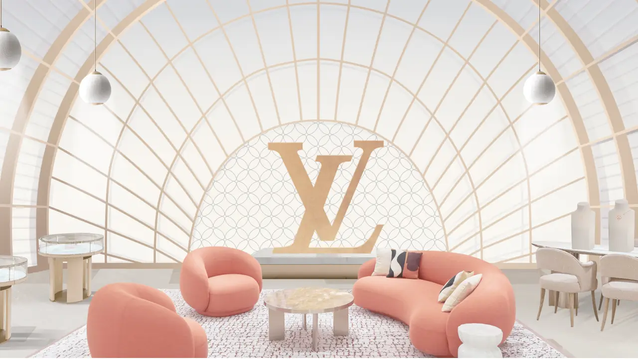 Un jeu de formation produit Louis Vuitton : un dôme clair au-dessus de canapés roses et du monogramme LV