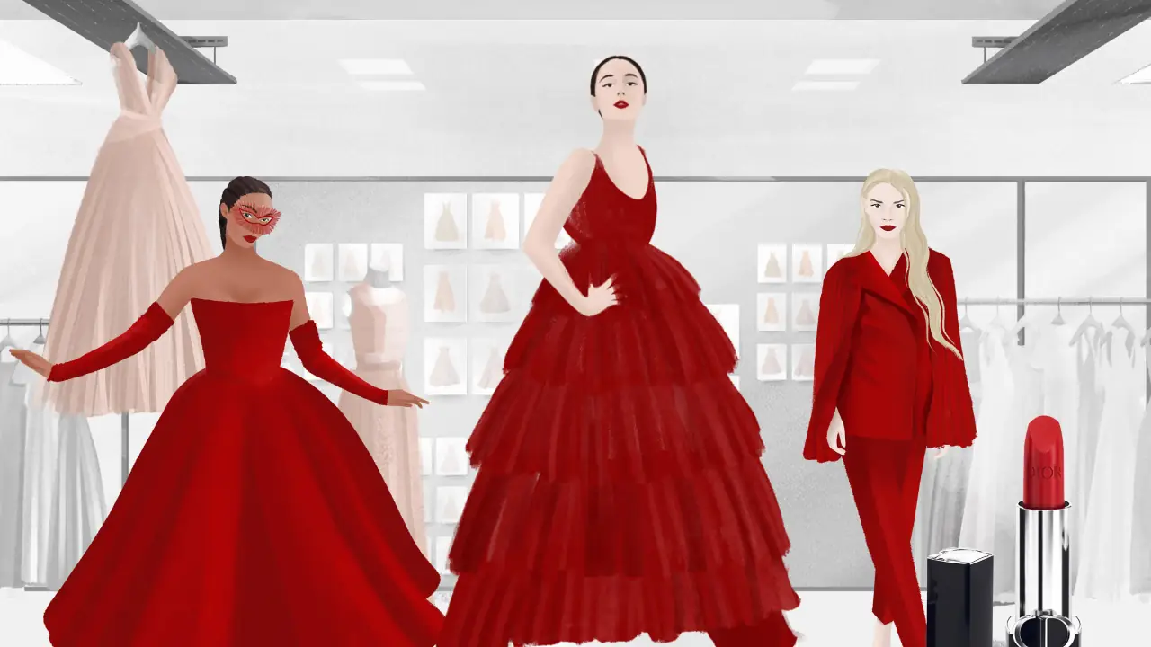 Un jeu de formation produit Dior : trois silhouettes en robes rouges