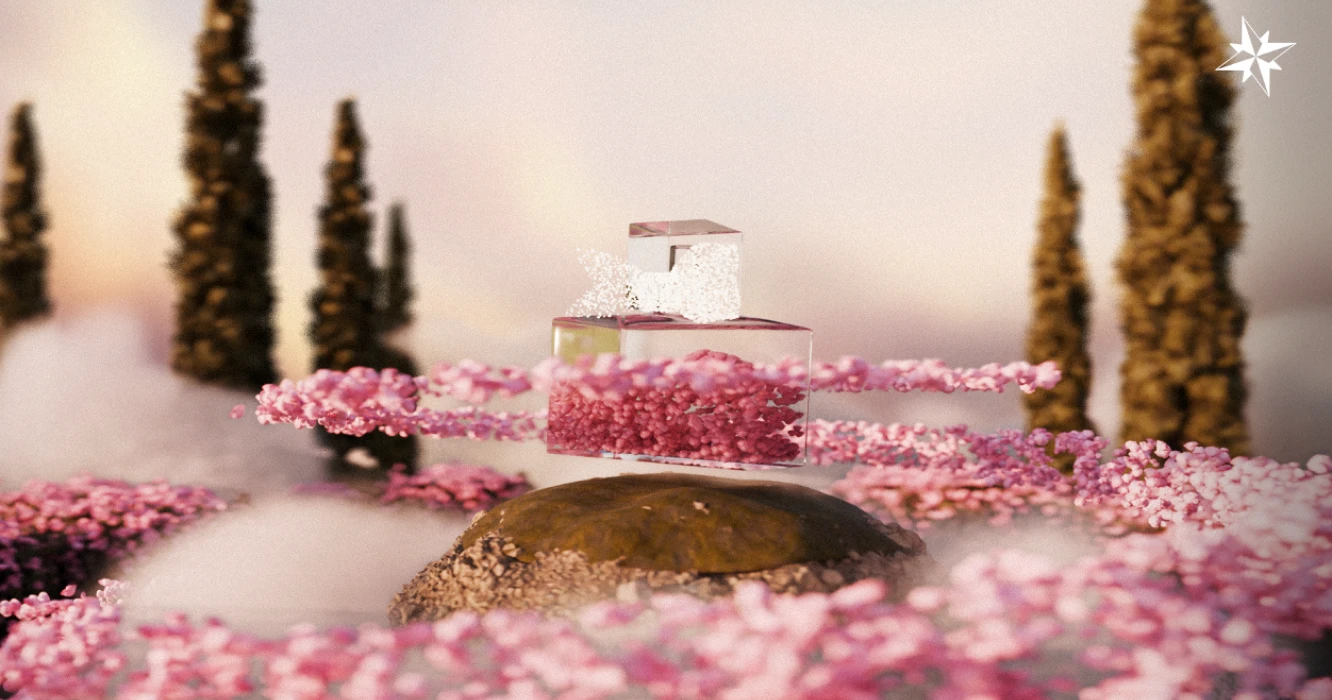 Un jeu autour d’un parfum : un flacon dans un nuage de pétales roses, parmi les cyprès