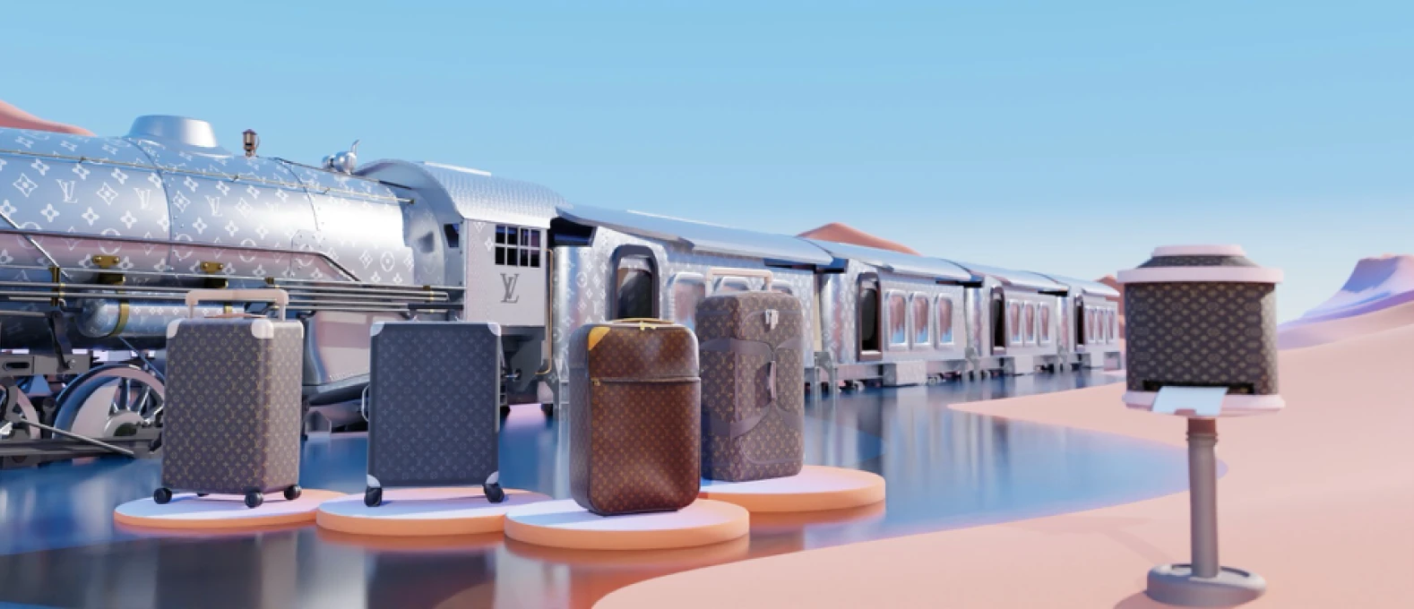 Un jeu Louis Vuitton : des bagages monogrammés près d’un train argenté, dans un désert rose